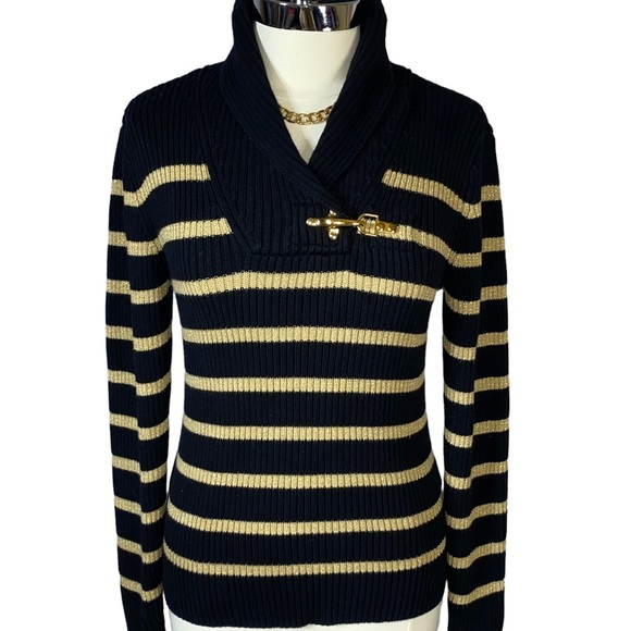 Ralph Lauren Vintage Black Metallic Gold Striped Shawl Collar Gold Clasp Sweater - Picture 2 of 7